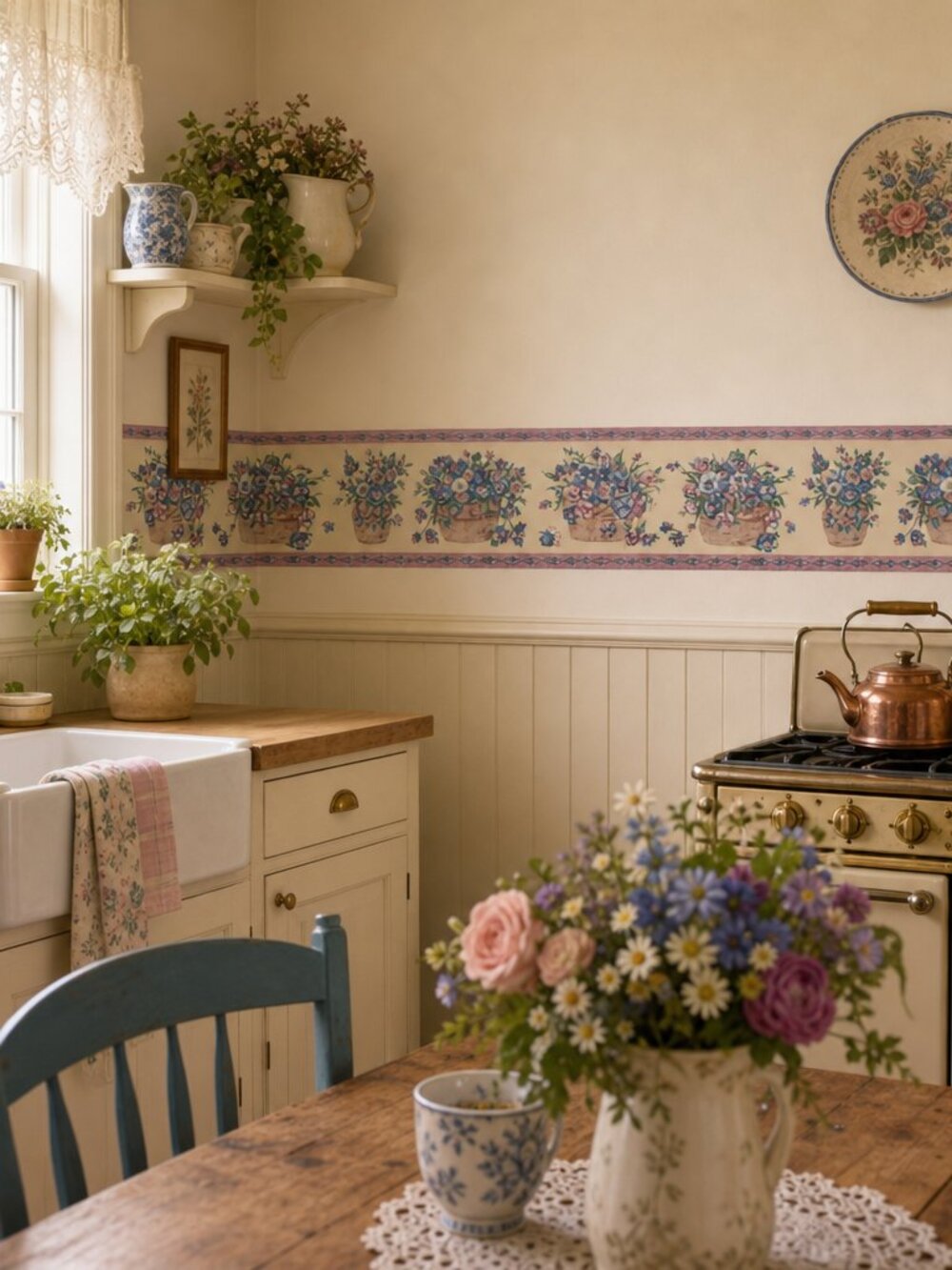 Vintage Sunworthy Floral Basket Wallpaper Border – Cream, Pink, Blue, Green